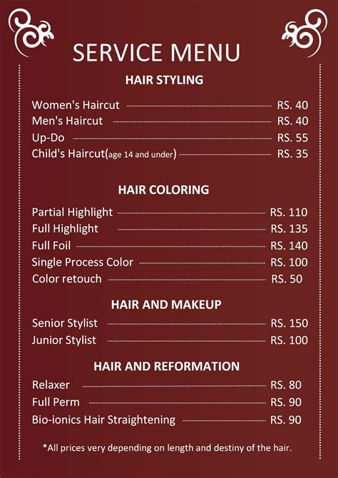 salon service menu template free